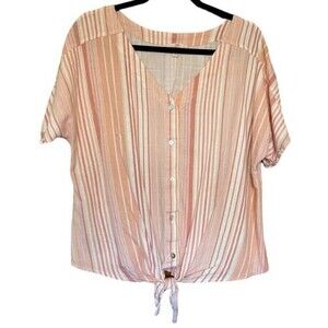 Como Vintage Woman’s  XXL Linen Blend Pink Stripped Tie Front V Neck Button Down